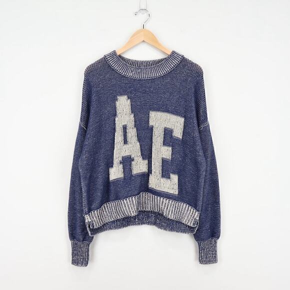American Eagle RARE AE Logo Chunky Knit Navy Cream Pullover Sweater Size Small - Picture 1 of 8